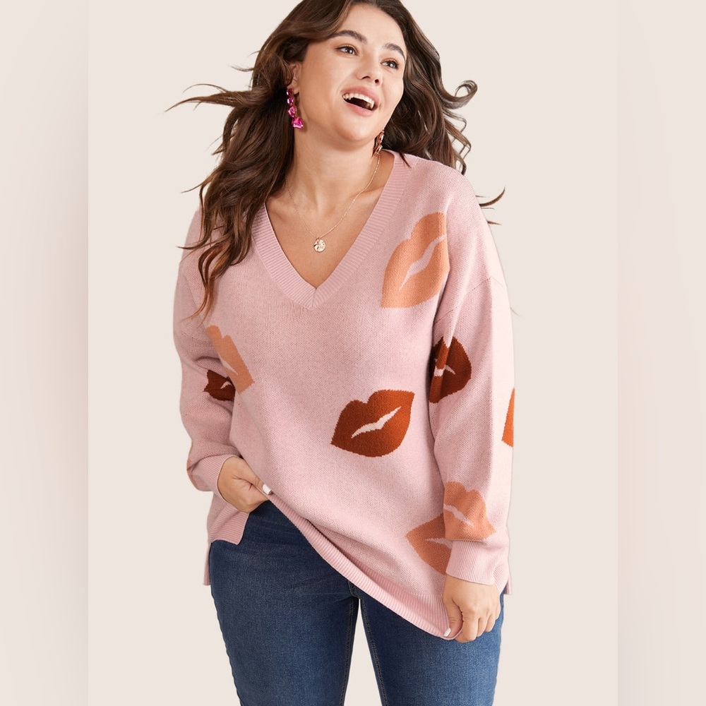 Oversized Supersoft Essentials Lip Print Split Side Pullover Sweater , Size: 2X - Picture 12 of 17